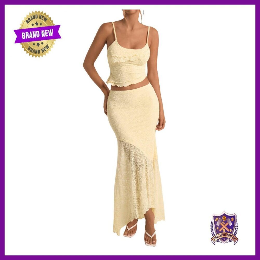 Ruffle Trim Cami Crop Top & Maxi Skirt Set, Soft Stretch Fabric